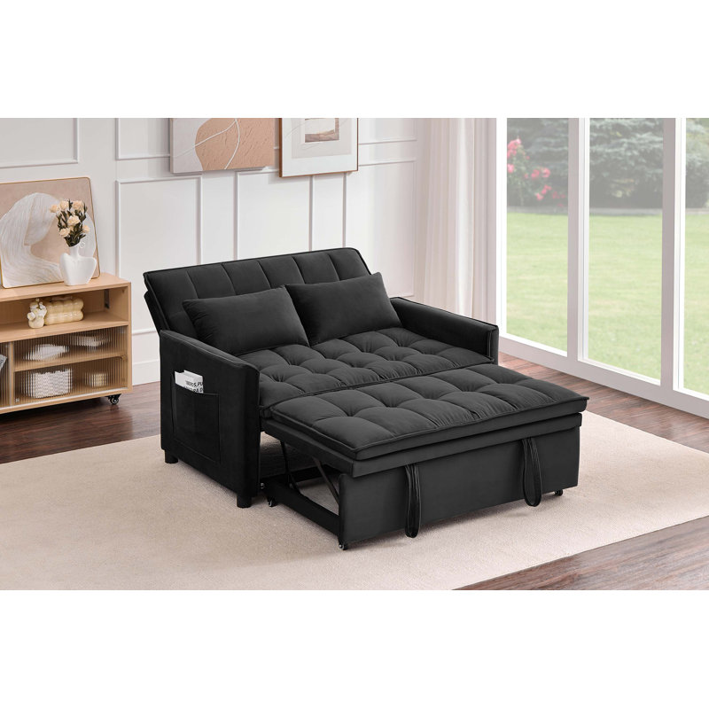 Canapé-lit convertible en velours de 128 cm avec lit gigogne et rangement latéral, Black Velvet