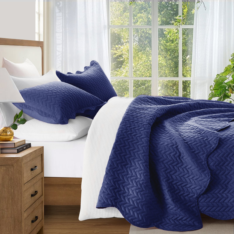 Embossed Microfiber Bedspread Set – All Seasoned Modern and Lightweight Bedding Set with Shams, Blue