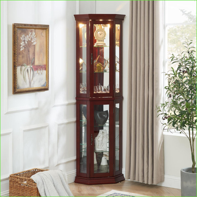 Curio Cabinets | Lighted with Adjustable Tempered Glass Shelves, Mirrored Back, Walnut Brown Finish | Traditional | Corner