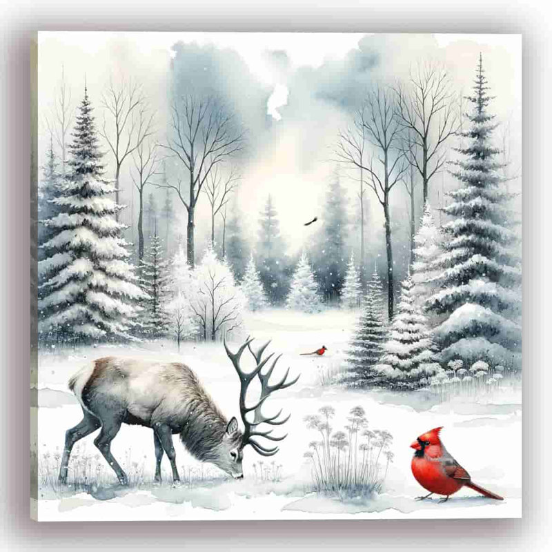 «Winter's Grace: Majestic Deer and Cardinal in Snow», art sur toile