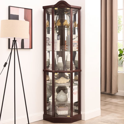 Spacious Display Cabinet With 4 Adjustable Tempered Glass Shelves, Triangular Corner And Integrated Lighting For Collectibles Lighted Arched Floral Design, Push - To Open Doors, Customizable Shelving