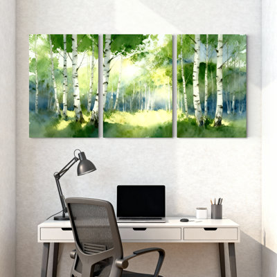 Hiver, forêt, bouleaux, forêt, aquarelle, ensemble de 3 reproductions d'art sur toile