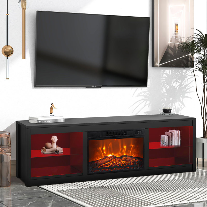 Modern Detachable Fireplace TV Stand, RGB, Black or White, 168x40x56cm, MDF & Metal, Living Room, Black, Yes