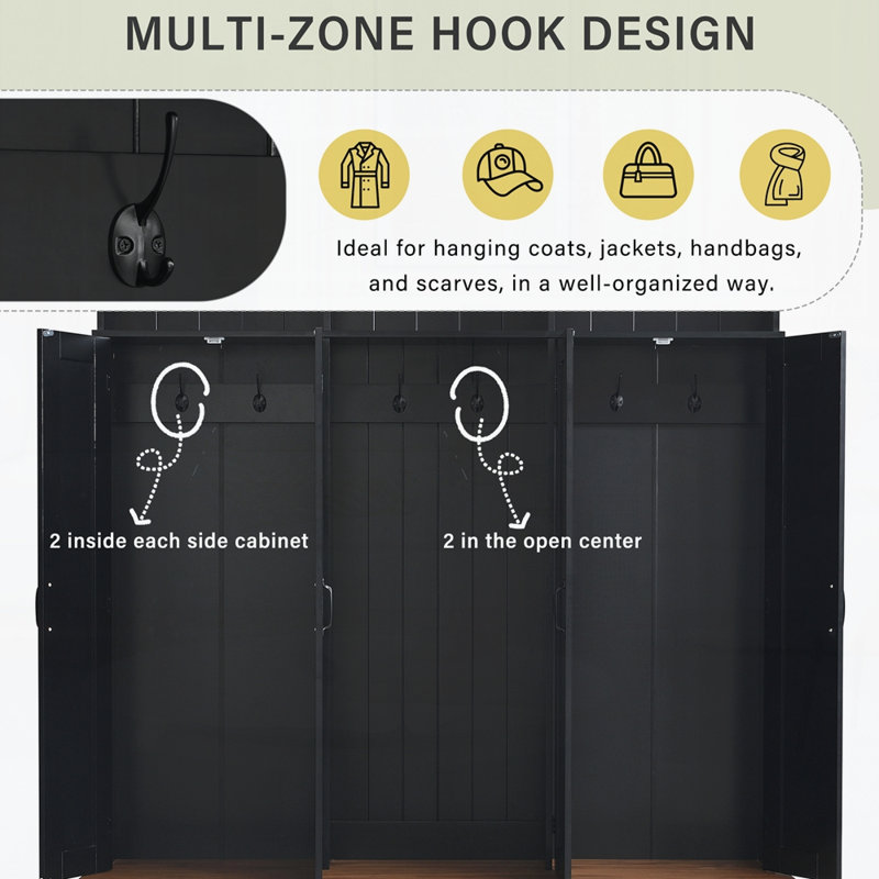 62.2"W Entryway Hall Tree with Bench, 3 Top Cubbies & Bottom Storage Space, Farmhouse Coat Rack with Hooks & Cabinets for Entryway, Hallway, Mudroom, Living Room