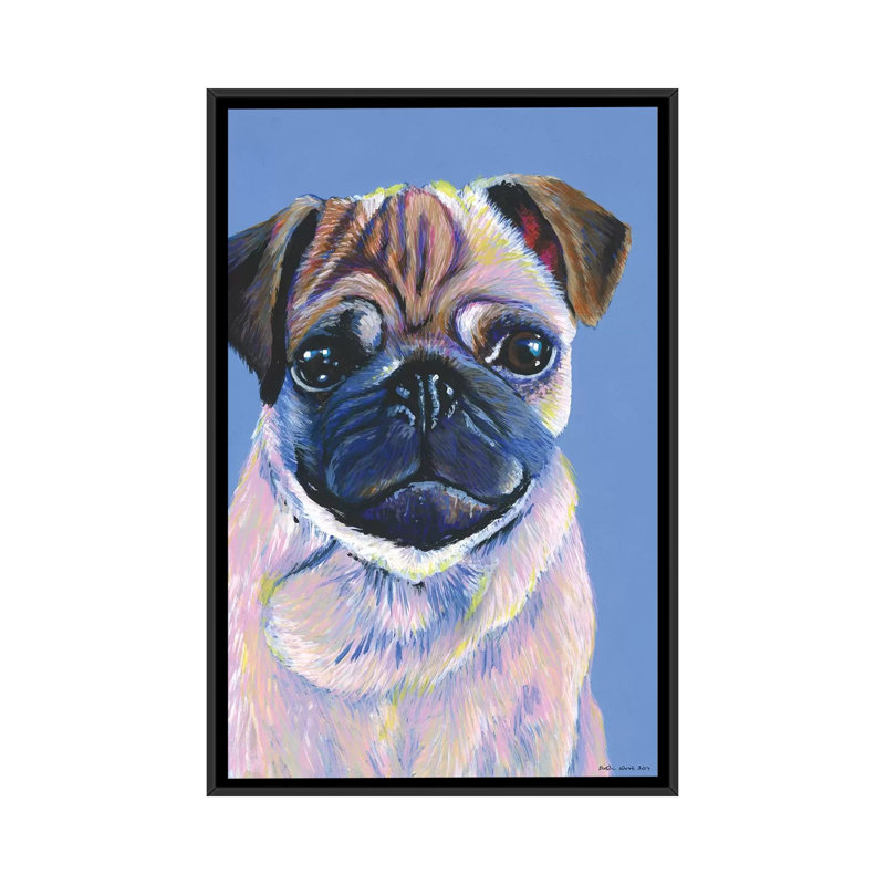 Pug On Blue by Kirstin Wood - Painting on Canvas, Black Framed, 152.5 cm H x 101.5 cm W