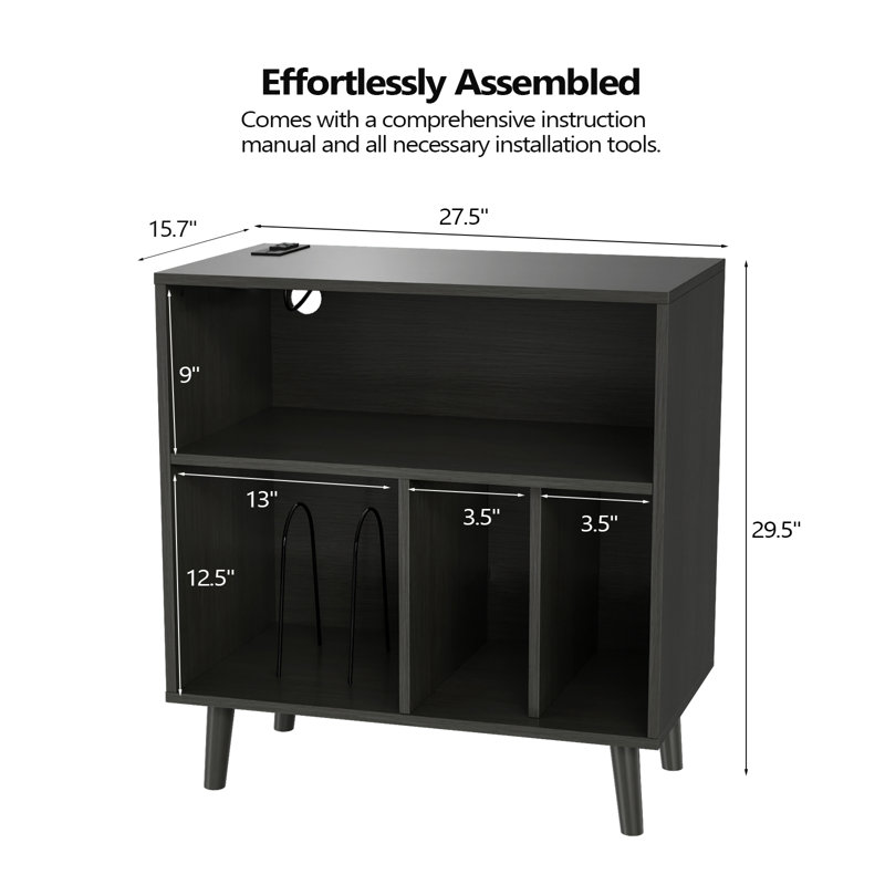 Mathea Record Player Stand with Open Storage with LED Light up to 300 Albums, Black
