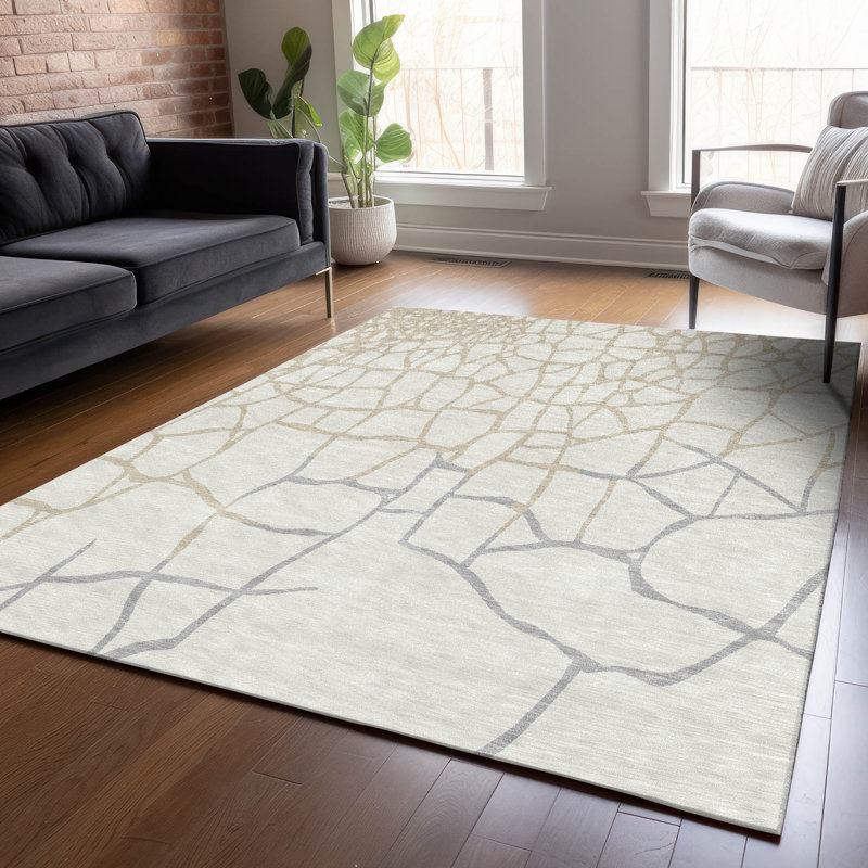 Ivory and Beige Flat Woven Synthetic Area Rug