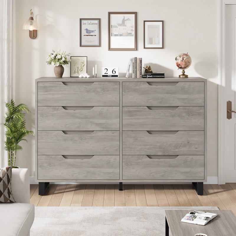 55" Wide 8 Drawer Dresser, Freestanding Horizontal Wood Storage Chest for Bedroom, Living Room, Hallway, Entryway, Gray
