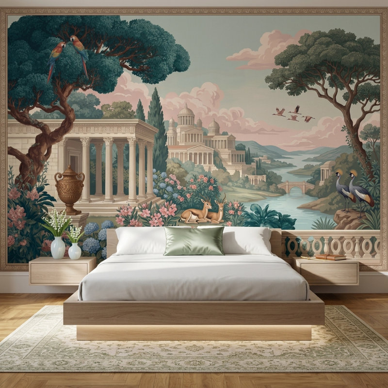 Papier peint classique paysage méditerranéen décoratif néoclassique, 100 po x 96 po, Non tissé