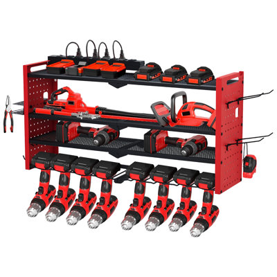 Support mural pour outils électriques avec station de charge, support de garage robuste à 4 couches, 400 lb, 8 tablettes de rangement sans cordon avec crochets, tablette de perceuse pour le garage