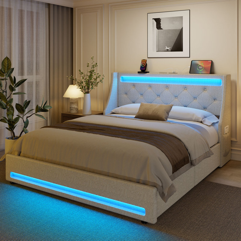 Upholstered Platform Bed Frame with Wingback Headboard & LED Lights& 4 Storage Drawers, Full/Double, Black
