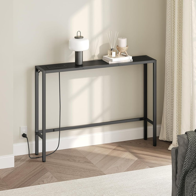 Narrow Console Table With Charging Station - Slim Sofa Table For Small Spaces, Built-In Power Outlets, Sturdy Engineered Wood & Metal Frame, Multi-Functional Entryway Table For Living Room, Hallway, Office
