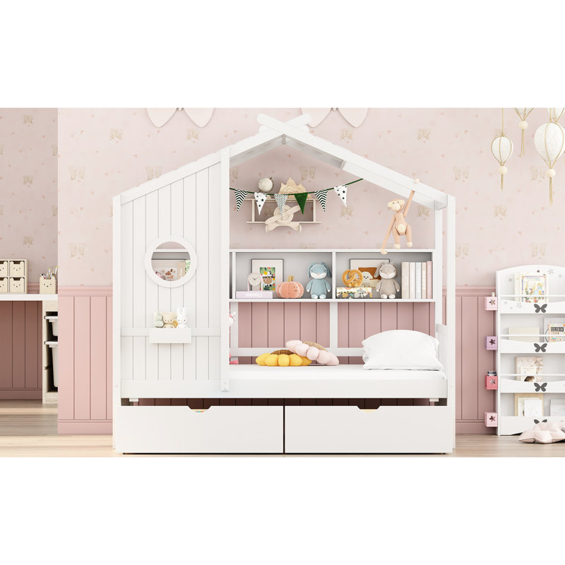 Lit simple en bois avec 2 tiroirs et une tablette, blanc, un magnifique toit de rangement pour maison blanche, semi-fermé