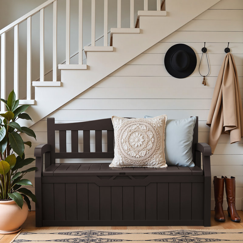 Banc de rangement 80 gallons pour meubles de patio, décor de porche et sièges d'extérieur, Brun