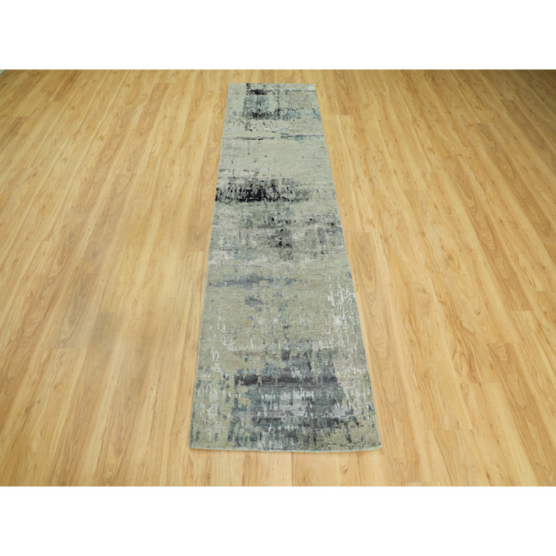 Tapis de couloir gris noué à la main de conception unique 2 pi 7 po x 9 pi 9 po Fridy