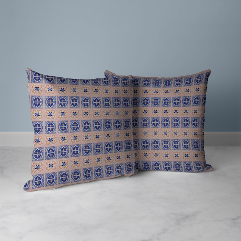 Coussin décoratif réversible intérieur / extérieur Darbari Dynasty, H 26 po x l 26 po, Bleu / rose / argent
