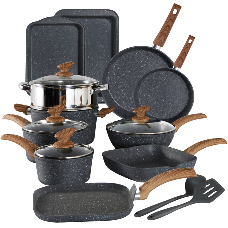 17 - Piece Non-Stick Aluminum Cookware Set, Black/Brown