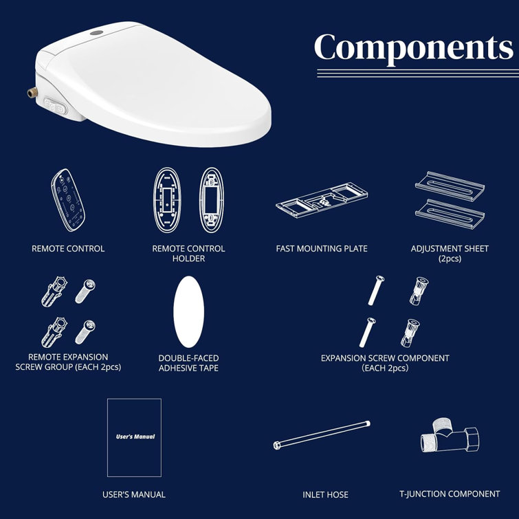 Auxiwa Elongated Smart Heated Bidet Toilet Seat with Self-Cleaning Nozzle  Dual Control Mode