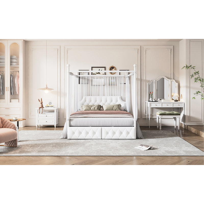 Grand lit plateforme à baldaquin en métal avec tête de lit tapissier et 2 étuis de rangement, blanc pour 2 tablettes