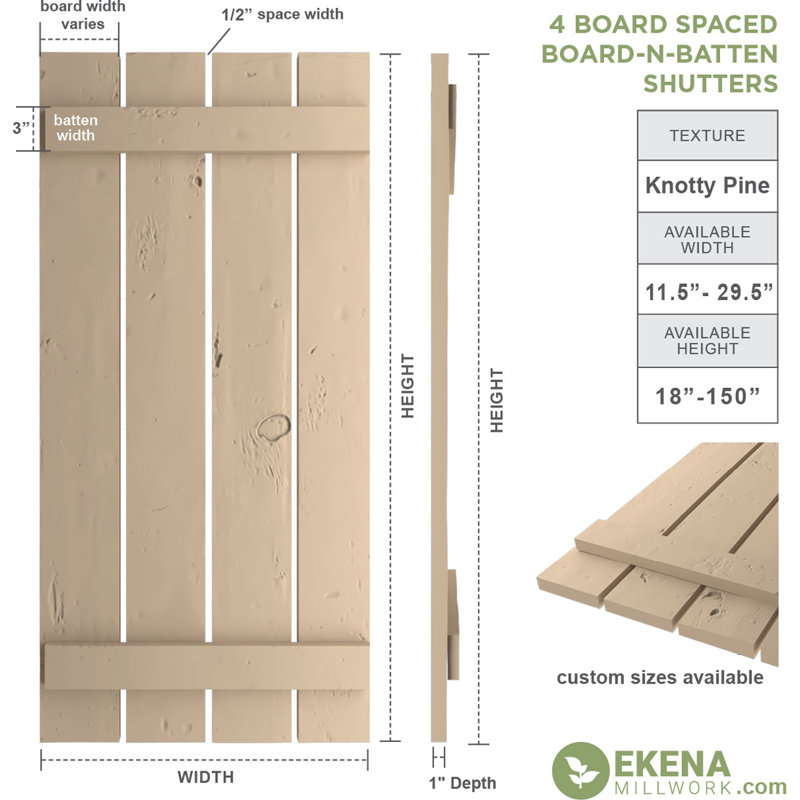Volets rustiques en faux bois à quatre planches espacées (par paire), Texture de pin noueux / brun clair apprêté, 23"