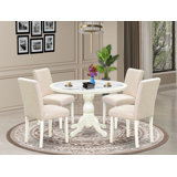 862A1955A4384524BC6550241920E338 5-Piece dining table set includes a pedestal kitchen table and 4 High Back Parsons chairs with Light Beige Linen Fabric, Linen White finish.