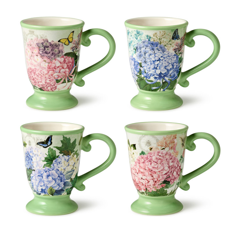 Ensemble de 4 tasses Garden Path - tasses à café sur pied en céramique 14 oz avec motif floral d'hortensias rose, mauve et blanc - va au lave-vaisselle, parfait pour le thé, le café et les cadeaux
