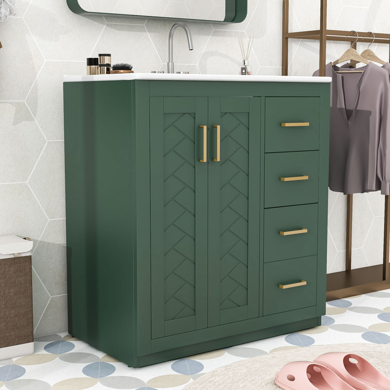 Meuble-lavabo simple en bois avec lavabo en céramique, armoire et tiroirs de rangement Whittier, Vert, Doré