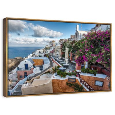Bougainvillea And Cafes In Oia Santorini