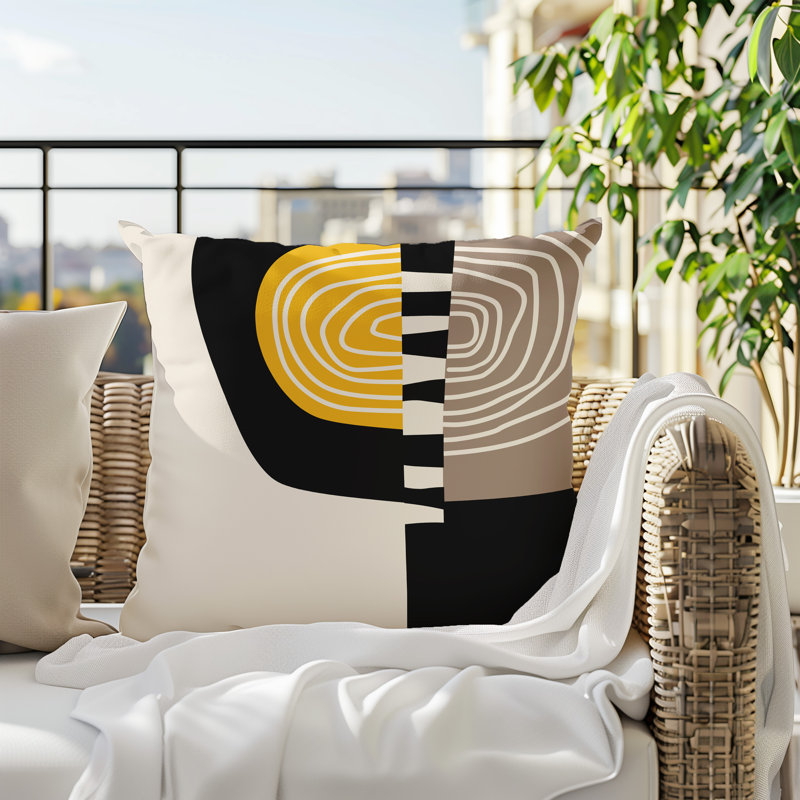 Coussin Marti, H 17 po x l 17 po, Jaune / noir / blanc cassé abstrait