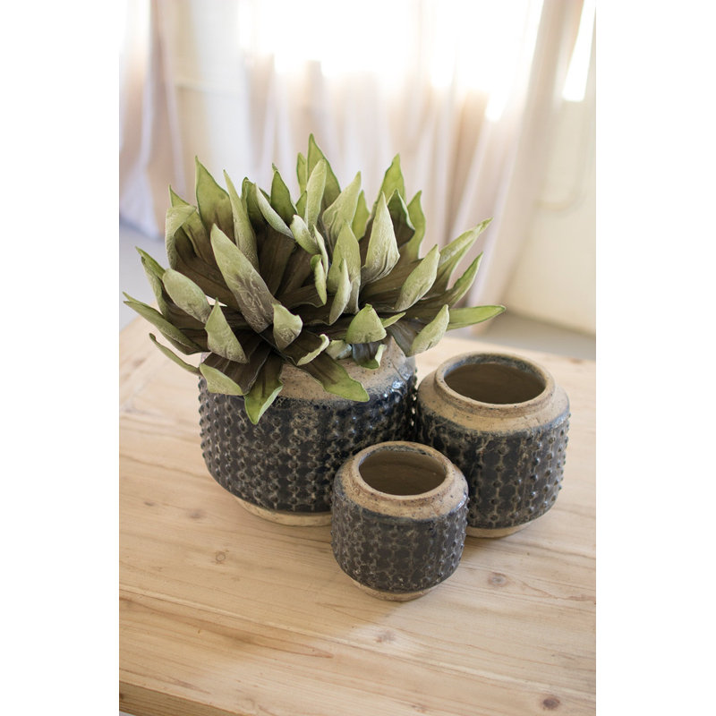  Dark Blue Knobby Ceramic Pots, Glazed Finish, Decorative Planter, Set of 3