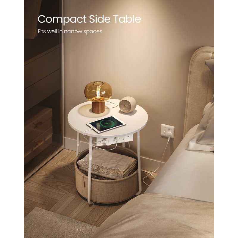 Nychelle Cross Legs End Table with Built-In Outlets, White