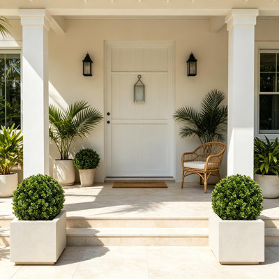 Ensemble de 2 arbustes artificiels en pot, topiaires en buis artificiel, pour porte d'entrée et terrasse, 56 cm de verdure réaliste pour la maison, le bureau ou l'entrée.