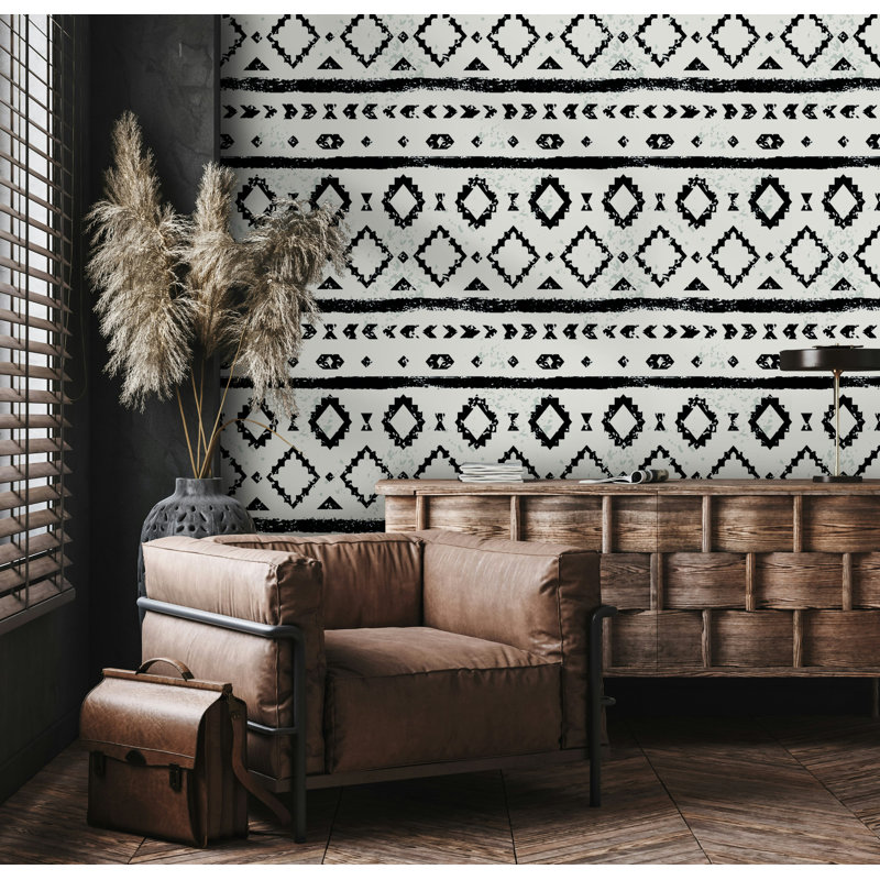 Black and White Tribal Stripe Wallpaper, 115"L x 225"W