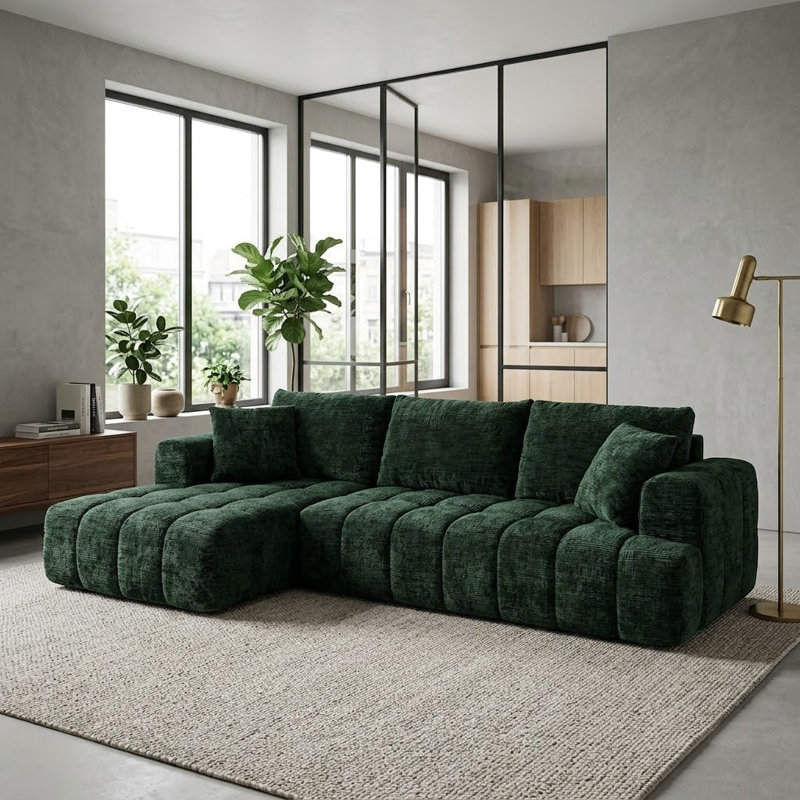 Canapé Boneless, canapé modulaire en L Chenille, Left Hand Facing, Dark Green