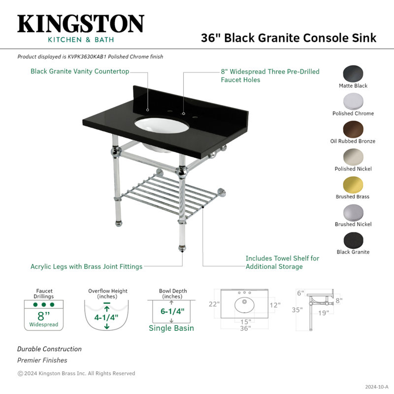 Kingston Brass Templeton 36-Inch Black Granite Console Sink with Acrylic Legs and Shelf (8-Inch, 3-Hole), Polished Chrome