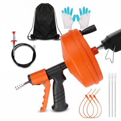 50 Foot Plumbing Drain Auger Snake, Heavy‑Duty Steel Cable Clog Remover with PP Storage Drum, Hand‑Operated Trigger‑Grip Pipe Cleaner for Sinks, Drains, Bathtubs & Household Blockages