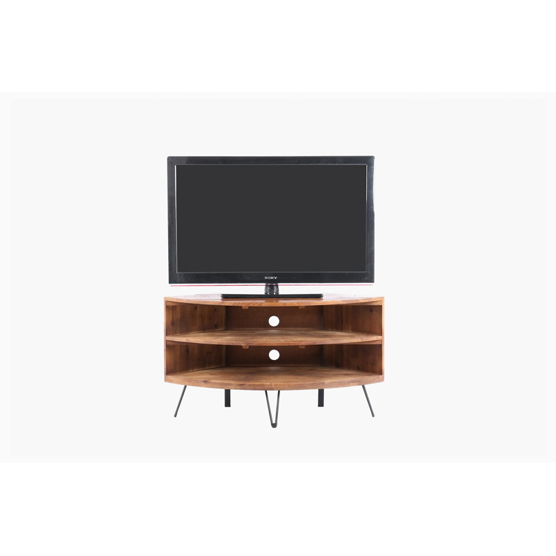 Fan Shape Reclaimed Wood Corner Media Table for Living Room Wise Use Your Space