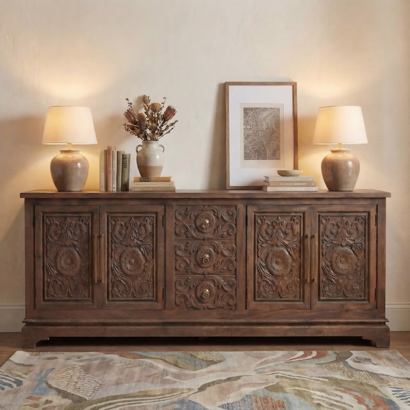 3-drawer 4-door Carved Solid Wood Sideboard, Brown