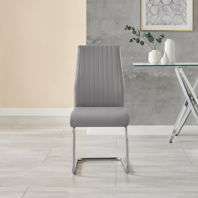 Seline Modern Round Dining Table Set in Glass and Chrome with 4 Upholstered Faux Leather Chairs, Grey