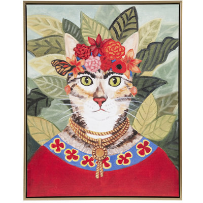 Appealing Bohemian Cat Canvas Wall Decor, 16.5"w X 20.5"h, Forest Scene, Golden Frame Art With Frame, Floral , Home
