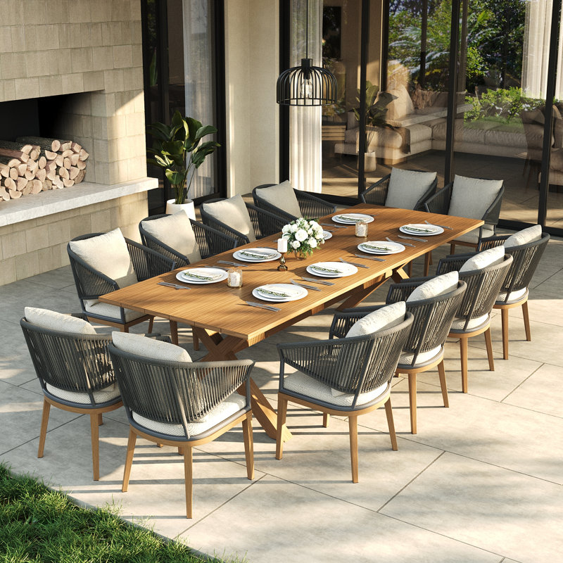 Ensemble repas extérieur pour 12 personnes avec coussins 12 personnes, Beige Cushion/Brown/Gray Frame, 12