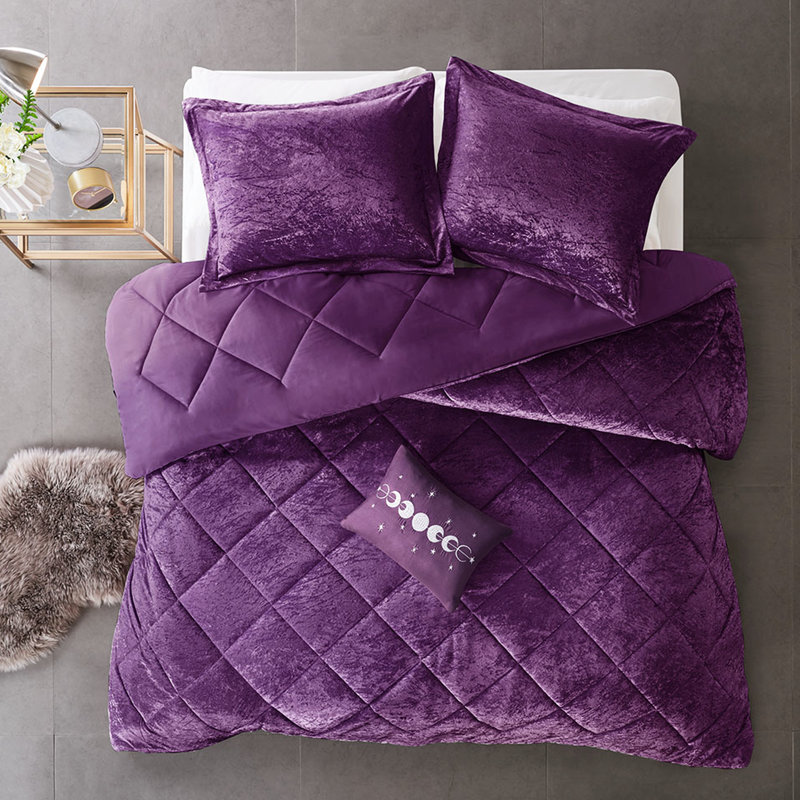 Édredon en velours mauve pour lit très grand / très grand - Le diamant comprend un édredon, des taies décoratives et un oreiller