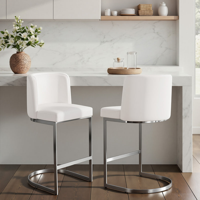 26'' Modern Upholstered Low Back Counter & Bar Stool With Metal Sled Frame , Velvet-White, 2
