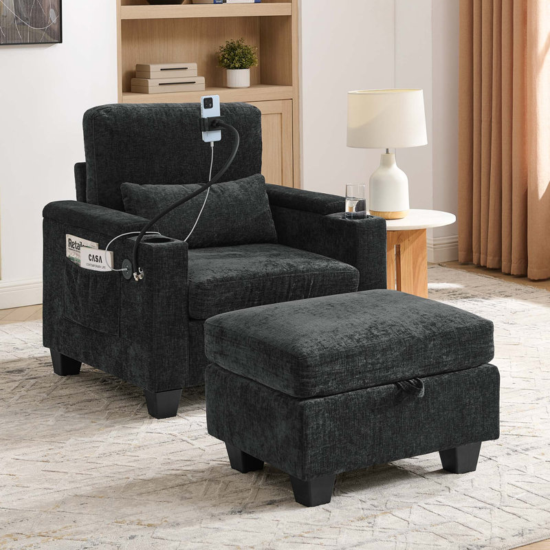 Canapé inclinable simple avec réglage manuel du dossier, charge USB et repose-pieds de rangement, Noir
