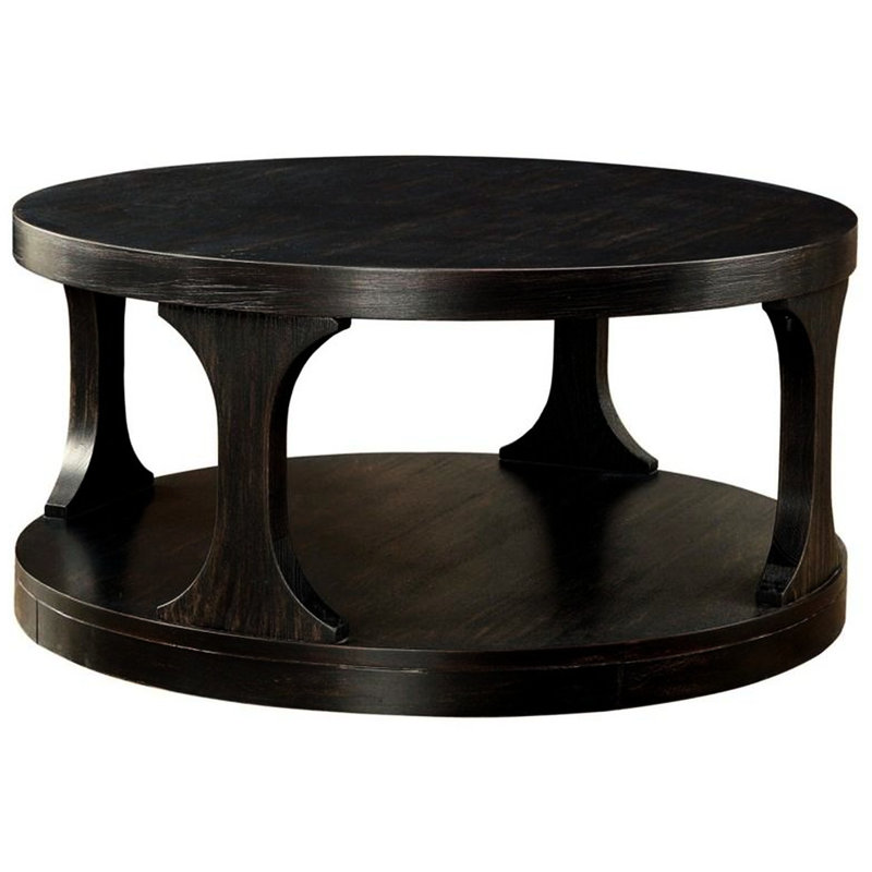 Table basse ronde en bois massif de 18 pouces de haut de 36 pouces de diamètre de style transitionnel avec finition noire antique et tablette supplémentaire H