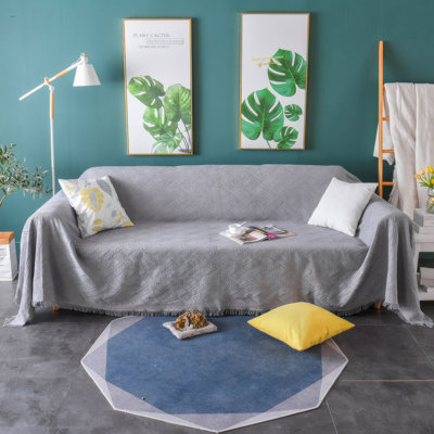Geometric Jacquard Sofa Cover For Sectional Couches - Breathable Fabric With Fringe Trim, Protects Furniture From Pets, Fits 3 Cushion Sofas, Easy To Install And Machine Washable