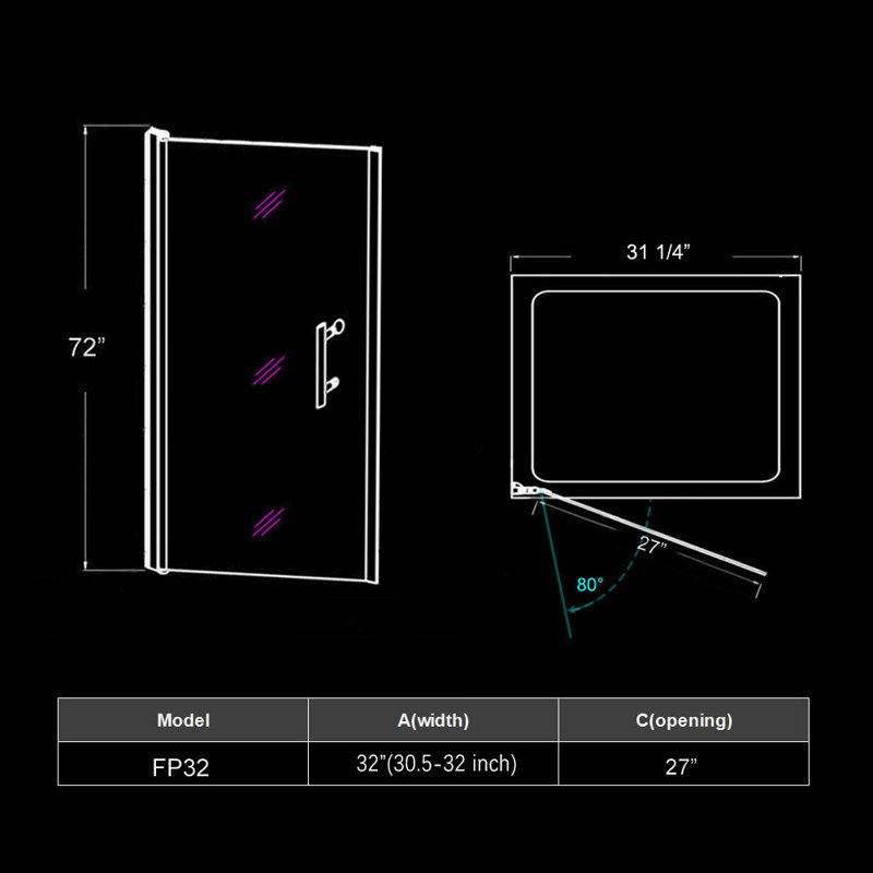 Porte de douche à pivot sans cadre avec verre trempé de 1/4 po et poignée en acier inoxydable l 32 po x H 72 po Fpivot