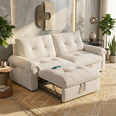 77" Convertible Sleeper Sofa with Pull-Out Bed, USB Ports & Side Pockets, Loveseat Couch for Living