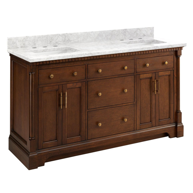 Claudia 60" Mahogany Double Basin Vanity Set with Cabinet, Vanity Top, Carrara Marble, Antique Coffee, 8" Widespread