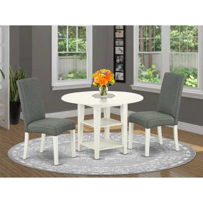 L'ensemble de salle à manger 3 pièces comprend une table de salle à manger ronde avec feuilles et tablettes Dropleaf et 2 chaises rembourrées en tissu de lin gris, lin blanc